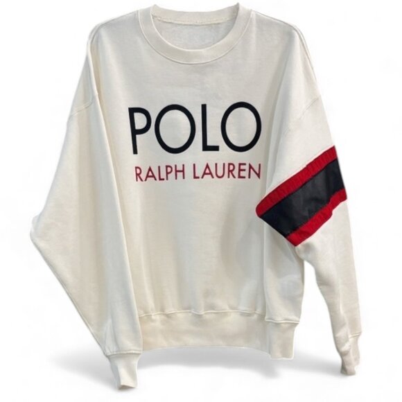 Polo Ralph Lauren Logo Leather Sweatshirt Red Black Stripe Unisex Size MM - Picture 5 of 13